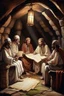 Placeholder: Several Christian priests of the 1st century AD are sitting in a cave and actively arguing and gesticulating, each holding a scroll of Ancient Scripture, many ancient scrolls are lying on a wooden table in front of them, everything is written in watercolor in high resolution, in 8k.