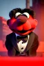 Placeholder: Waist up muppet Portrait, Kim Jong-un muppet doll, black suit, photo studio, red background, unreal engine 5, concept art, art station, ray tracing, lumen lighting, ultra detail, volumetric lighting, 3d.