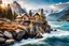 Placeholder: pretty dream houses in rocky mountain in wavy sea side, 1beautiful lady standing on rock