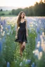 Placeholder: Young woman in flower field in the evening,f16,long distance focus