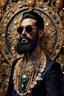 Placeholder: Artistic photo in the audacius style of Jill Greenberg, of man with a luxurious and striking style, abundance of jewelry, oversized sunglasses, neat black beard, feminine manirism, prints, desafiant, extravagant, barroque escene , impasto style with thick texture