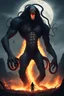 Placeholder: big monster on cuty, giant humanoid, 4 arms, one only eye, long black haired and snakes, fire, moonlight, destruction, bones, destruction, gore, people runing and hide, dakness