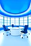 Placeholder: Offices office room hanging on the walls in an oval shape and the color of the walls is blue and the floor is white and the shape of the offices is curved and the office contains four chairs