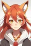 Placeholder: An anime young adult female withe red hair and gold eyes, fox ears