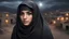 Placeholder: Hyper Realistic close-up-photographic-view of Beautiful Pashto Girl in niqab with beautiful hair & beautiful eyes fully-face-covered-in-black-dress-&-grey-shawl standing outside village-houses giving-bold-expressions on mountain-top at night with cloudy-moonlight showing dramatic & cinematic ambiance