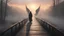 Placeholder: walking straight ahead over a wooden bridge, holding the angel of death with your right hand, entering the fog at the end of the road that leads to the afterlife, a stream from the mountains flows from the right and left, and a beautiful sunset behind the fog, realistic