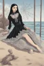 Placeholder: While her parents glided elegantly along the shoreline, Wednesday Addams wandered close to the crashing waves. Like Morticia and Gomez, she was attired not in typical beachwear but in a stylish Gucci ensemble. Wednesday wore a long-sleeved black lace dress that fell to her ankles. The intricate spiderweb pattern was finely woven into the fabric. Around her tiny waist was tied a ribbon sash the color of freshly spilled blood. On her feet were little patent leather Mary Janes, polished to a reflec