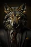 Placeholder: A captivating realistic calidadportrait of a wolf-human hybrid man of Asian descent, blending seamlessly into his formal suit with intricately detailed skin tones. The powerful subject exudes confidence and authority under the dramatic, cool lighting, which accentuates the textures of his fur and skin. The vibrant chromatic studio backdrop adds depth to the scene. The subject's intense focus on an ancient book brings an air of scholarly intrigue to the image, captured from an eye-level perspecti