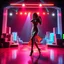 Placeholder: A breathtaking 3D animation of a passionate woman dancing a hot, energetic salsa. Her movements are fluid, expressive, and perfectly synchronized. Surrounding her is a futuristic, evolving stage filled with animating abstract 3D geometric structures that constantly morph, shift, and pulse to the rhythm. Dynamic, vibrant neon lights, colorful volumetric laser beams, and dramatic strobes sweep across the dark environment, casting beautiful shadows. Cinematic camera movement with smooth tracking