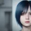 Placeholder: potrait emo girl, eyes like ocean blue, short hair, smile, 8k, rtx, eyebrows like serious, facing left, real