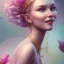 Placeholder: fairy, pink, blue, beautiful, happy smile, gold, jewels, hyperrealism, masterpiece, expert, cinematic lighting, sharp focus, 8K, pastel, macro lens, woman, detailed, flower