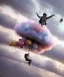 Placeholder: Ultra realistic speed clouds sky scene, wide angle view, strong men falling down with many Childs, circus clothing style, feather color clothing, free jumping flying, many trinkets, hair monster, many jelly beans, balls, color smoke, smile, happy, extreme, wind, clouds sea, 20,000 feet altitude, stratosphere, soft color, highly detailed, unreal engine 5, ray tracing, RTX, lumen lighting, ultra detail, volumetric lighting, 3d, finely drawn, high definition, high resolution.