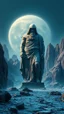 Placeholder: realistic photo of a landscape covered in granite that looks futuristic with futuristic lighting , a huge Roman statue of Troy standing a giant hooded creature looking at the camera