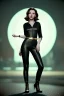 Placeholder: retro portrait image from 1960, New York explosion, long hair, young Scarlett Johansson, classic black tight lycra suit, gold bracelet and belt, high heel boots, soft color, highly detailed, unreal engine 5, ray tracing, RTX, lumen lighting, ultra detail, volumetric lighting, 3d, finely drawn, high definition, high resolution.