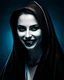 Placeholder: Character: death as a beautiful mysterious woman , maliciously smiling, with human face, with red lips, pale skin and dark eyes, wearing a black cloak looking at me, black background, realistic