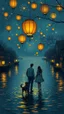 Placeholder: lanterns , on the water of a river , in the style of vincent van Gogh, without people and animals only a couple lovers with a dog