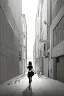 Placeholder: girl runs down the street, greyscale