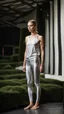 Placeholder: anorexic yoga woman, androgynous, model face, model body, satin silver leggins, satin silver top, frontal pose, standing