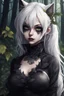 Placeholder: CAT GIRL, goth, forest, nature, cartoon, leaves, boobs, portrait, colour image, white hair