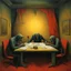 Placeholder: office party hijinks, diagonal composition, unbalanced, surreal horror, warm colors, By Zdzislaw Beksinski and Max Ernst and Boris Groh, creepy, eerie, scary warm colors, opulent shadows, expressionism, oil painting, by Gustav Dore and Victor Pasmore