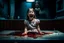 Placeholder: wide hd photo of a little girl, full body, smiling with her mouth open, lying on the table in a medical context at the dentist. blood from her mouth stains her short white dress, room midle underwater, dark tones,