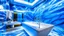 Placeholder: Woman in a luxurious bathroom features floor-to-ceiling white marble walls with delicate grey veining. A rectangular white porcelain floating bathtub is mounted in the center of the room, illuminated by blue LED lights positioned underneath the tub. The ceiling is completely open to the night sky, creating a viewing area above the bathtub. The marble floor matches the wall pattern, with a thin layer of water reflecting the night sky. Interior architectural photography with dramatic lighting and