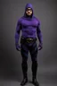 Placeholder: full-length, A portrait of a the Phantom, a man with piercing blue eyes, a chiseled jaw, goatee, timeless face, stern expression, Wearing a tight fitting purple cotton hero suit with a cowl that fits tight to his head, but does not cover his face, he wears a thin, black leather, bandit eye disguise over his eyes, black and blue diagonally striped trunks, dual-holstered pistol belt adorned with a triangle skull-shaped buckle with leg straps, Knee-high black leather boots