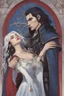 Placeholder: A couple from the dnd game curse of Strahd. The woman has long white hair and blue eyes, the man has LONG BLACK hair and red eyes, no facial hair. KISSING