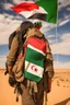 Placeholder: Al-Fanah in the middle of the African desert wearing an Algerian flag and a sophisticated backpack