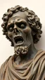 Placeholder: Ceramic style statue all colours are dark of an old church man from the 1000 BC in it a whole body and the head of dead man with thick curly hair and his eyes are open wide and open mouth with rage ,