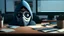 Placeholder: A woman with a mask over her mouth is sitting behind a desk in the middle with the upper half visible, her hands on the desk and she is looking at you, hyper realistic, 8k, ultra hd, pixar style, disney stile