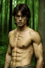 Placeholder: 22 year man with lightly tanned skin and medium length brown hair,angry expression, shirtless in a forest