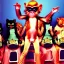 Placeholder: 1980s photo of new year's party alien monkey with dancing cats happy