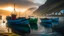 Placeholder: Colourful fishermen’s boats anchored in a harbour in the Faroe Islands near a fishing village, fishermen putting fishing nets on their boats, peaceful, mist in the distance over the calm sea, early morning, sunrise, beautiful romantic photograph, excellent composition, atmospheric, realistic