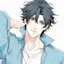 Placeholder: An handsome man with messy black hair and blue eyes, wearing casual, modern attire, colored manga style, intricately detailed,