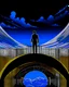 Placeholder: Stylized illustration, dark blue background. A man in a dark suit stands confidently on the side of a bridge made of golden bars. The bridge arches over a dark blue void, leading towards a swirling, dynamic and energetic cloud that represents AI. Cyborg's hand emerges from the cloud, extending towards the man and beckoning him with a welcoming gesture. The determined man looks at the hand with anticipation and hope. The overall design is clean and modern, contrasting colors and dynamic lines