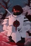 Placeholder: The character, in a striking white armour against a wintry backdrop stands with his hands behind his back inside the scene, he has a red and black circular symbol on his chest like a shield, a black pointed spear with a red handle on his back, His eyes are showing a dynamic expression and he wears a black oni mask with white teeth on it covering the bottom part of his mouth he has brown shoulder pads and a white belt with a bag attached to it. He has dark brown hair, he does not wear a helmet.