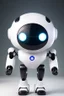 Placeholder: cute minimalistic robot with a big head, small and simple body, oval forms, digital face with pixeled eyes, happy face, head and body as one, white skin, no legs, no feet, integrated painter arm, 3/4 angle, awesome pose, white background