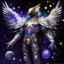 Placeholder: A battle suit made of galaxies and stars with a glove that has seven endless stones,A god-like man with infinite power who owns the galaxies,God-like man with infinite power who owns the galaxies and wears a beautiful crown, a jewel of diamonds and galaxies with weapons riding on a creature with an eagle head and eagle wings and eagle hands