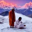 Placeholder: mystical indian guru teaching his disciple in adoration in himalaya at sunrise