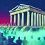 Placeholder: greek temple crowded,very detailed and intrincate, trending in artstation, retro synthwave, neon lighting