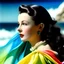 Placeholder: Vivien leigh A white curtain above the sea, turquoise, pink, orange, yellow, wind blowing