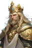 Placeholder: Generate me a male D&D character who is a king wearing elaborate armor. They have long pale blonde hair and a short beard, along with old skin. And a crown, The background should be a white