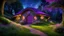 Placeholder: hobbit cottage in the woods surrounded by trees, night, fireflies, whimsical feel, pinks, blues, purple and green colors, circular hobbit-style door, circular hobbit-style windows, green grass roof, starlight, chiaroscuro, fireflies, quaint, homely