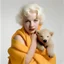 Placeholder: A photograph of sad childish marilyn monroe, head backwards , with bear, , with spiky hair, no make up, in the style of milton greene, a pale orange silk scarf around her shoulders, white bacground