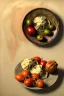 Placeholder: Ravioli by renaissance style still life oil painting, dish, natural tomato, albahaca, olives, olive oil, moisture, art, natural, ornaments, chef, high kitchen, smooth, gradient color background, unreal engine 5, ray tracing, RTX, lumen lighting, ultra detail, volumetric lighting, 3d.