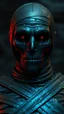 Placeholder: a front view of the mummy by his face skin is a rusted broken metallic skin texture in a 3d rendering full-height image of a grim and dark scene. Ensure the final images exhibit the utmost quality, encompassing 4K, 8K, and 64K resolutions, with 3D rendering that manifests in photorealistic, hyperrealistic, and highly detailed representations. Employ techniques such as HDR, UHD,