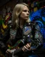 Placeholder: "Midnight Serenade unique" low view angle shot down village road , large close up a beautiful blonde young woman with a tattoos wearing a cool black leather jacket like rocker style and holding a guitar, granite terrazzo motifs with puzzle modern clothing is decorated with colorful filigree abstract, Collage chutes papiers magazines,Spirograph background by Nisa Kiley, Textile Artist
