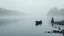 Placeholder: Río en una mañana fresca tras la lluvia, el dios Hermes guiando almas junto a la orilla, barquero Caronte esperando en su barca, niebla ligera y tonos fríos, estilo pictórico melancólico.