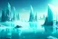 Placeholder: ice blocks, lagoon, seashore, distant futuristic city, epic, sci-fi